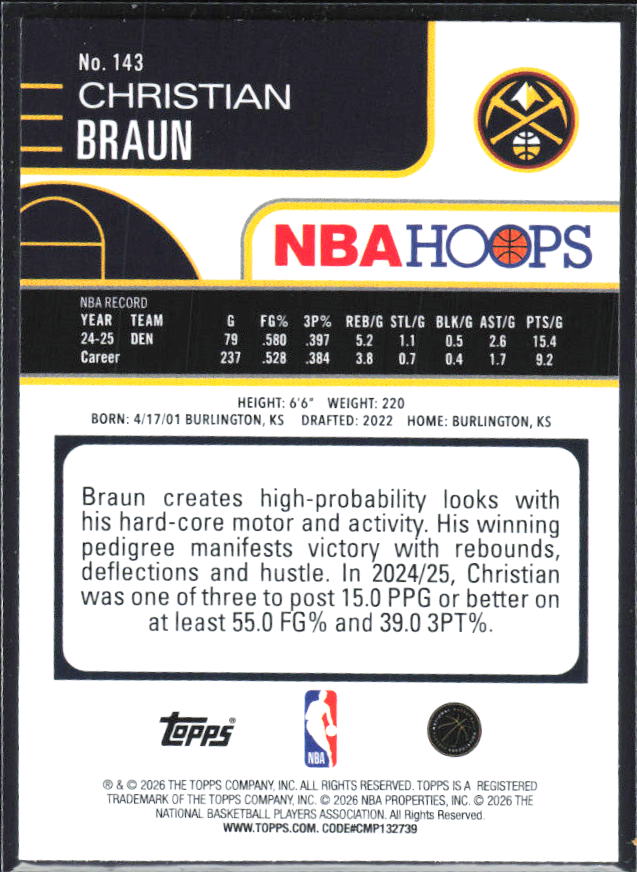Christian Braun 2025-26 NBA Hoops #143 – baksida