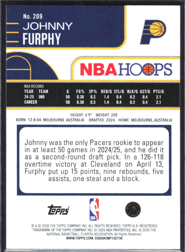 Johnny Furphy 2025-26 NBA Hoops #209 – baksida