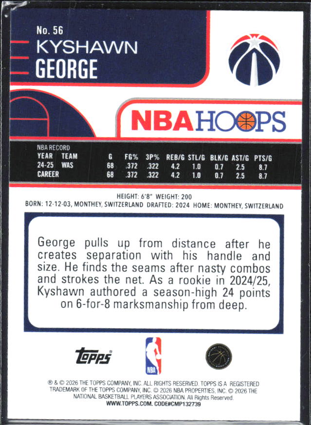Kyshawn George 2025-26 NBA Hoops #56 – baksida