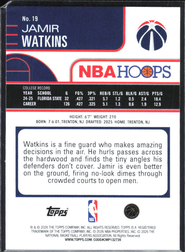 Jamir Watkins 2025-26 NBA Hoops RC #19 – baksida