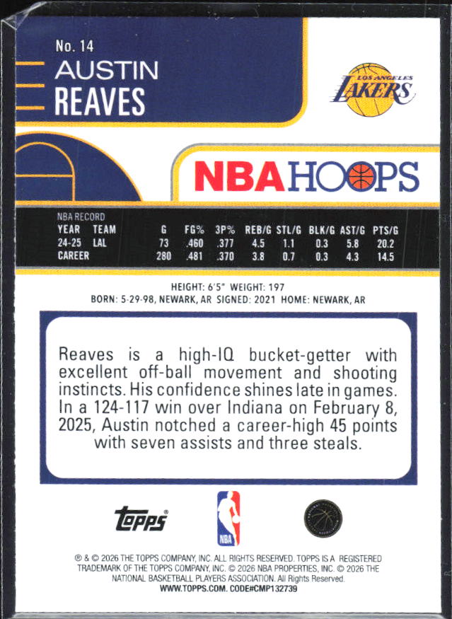 Austin Reaves 2025-26 NBA Hoops #14 – baksida