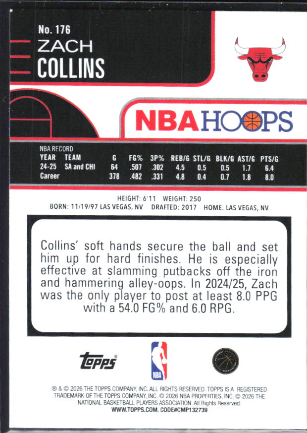 Zach Collins 2025-26 NBA Hoops #176 – baksida