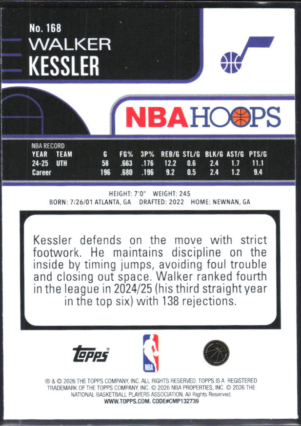 Walker Kessler 2025-26 NBA Hoops #168 – baksida