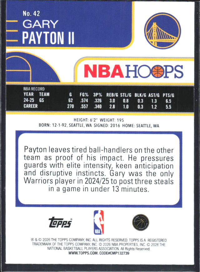Gary Payton II 2025-26 NBA Hoops #42 – baksida