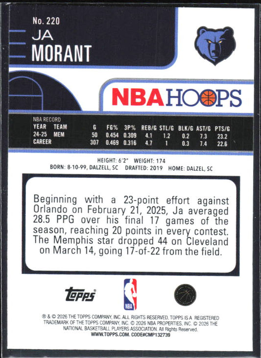 Ja Morant 2025-26 NBA Hoops #220 – baksida