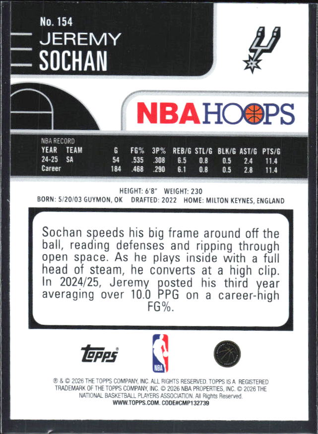 Jeremy Sochan 2025-26 NBA Hoops #154 – baksida