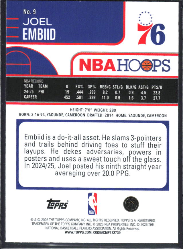 Joel Embiid 2025-26 NBA Hoops #9 – baksida