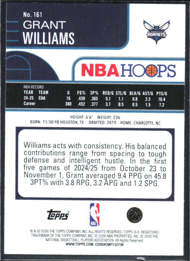 Grant Williams 2025-26 NBA Hoops #161 – baksida