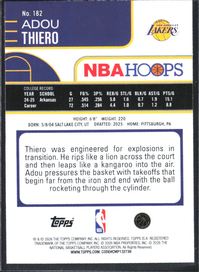 Adou Thiero 2025-26 NBA Hoops RC #182 – baksida