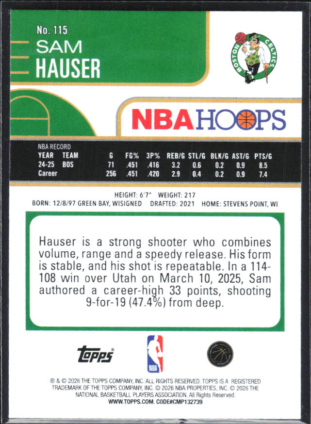 Sam Hauser 2025-26 NBA Hoops #115 – baksida