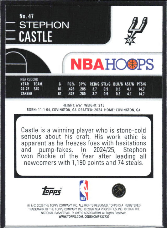 Stephon Castle 2025-26 NBA Hoops #47 – baksida