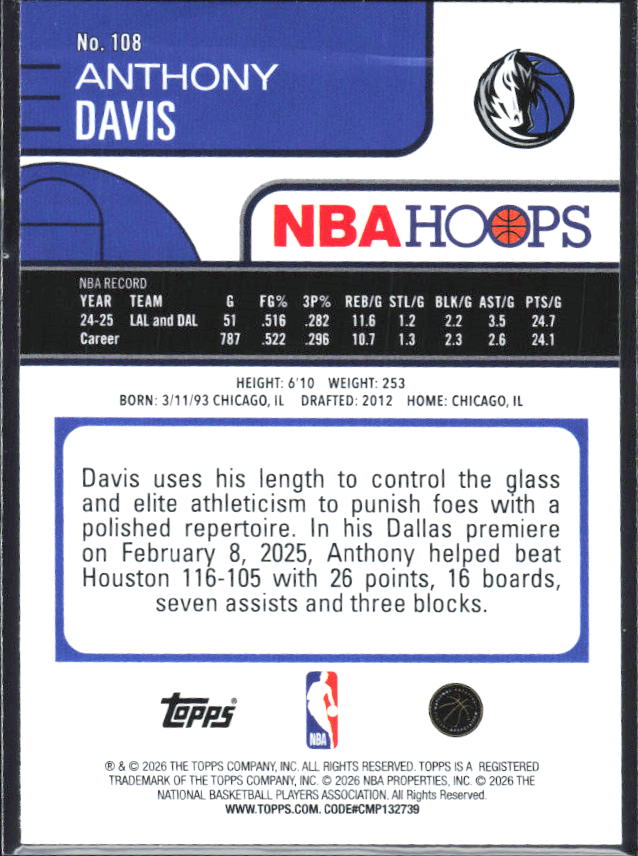 Anthony Davis 2025-26 NBA Hoops #108 – baksida