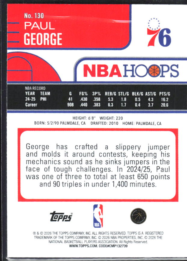 Paul George 2025-26 NBA Hoops #130 – baksida