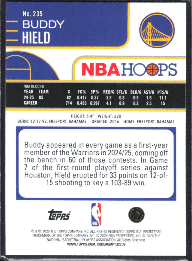 Buddy Hield 2025-26 NBA Hoops #239 – baksida