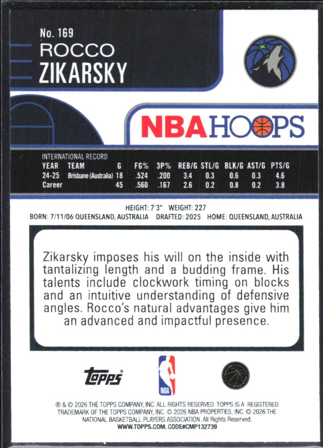 Rocco Zikarsky 2025-26 NBA Hoops RC #169 – baksida