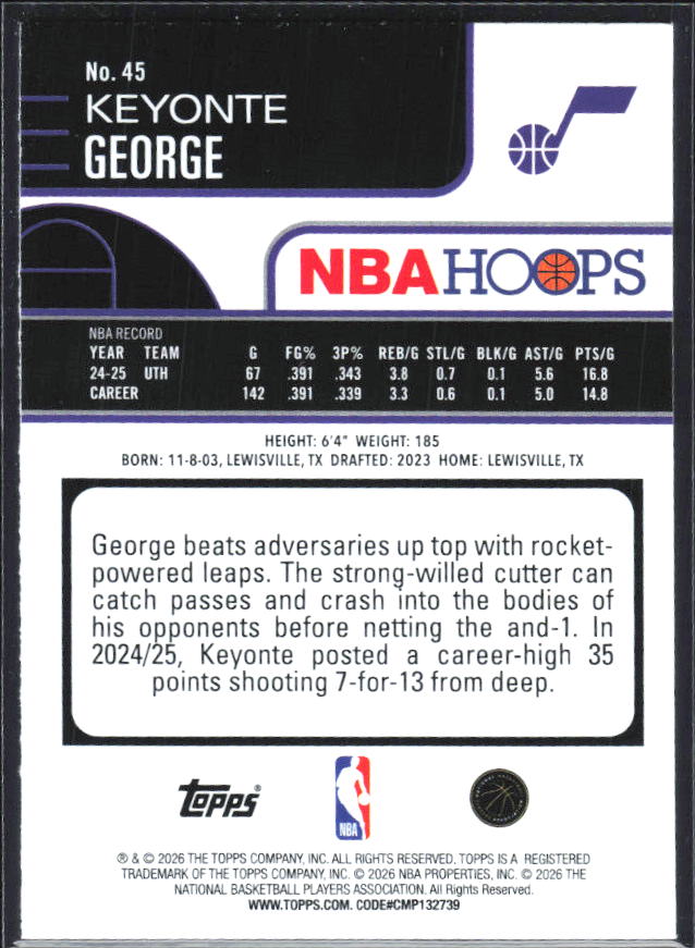 Keyonte George 2025-26 NBA Hoops #45 – baksida