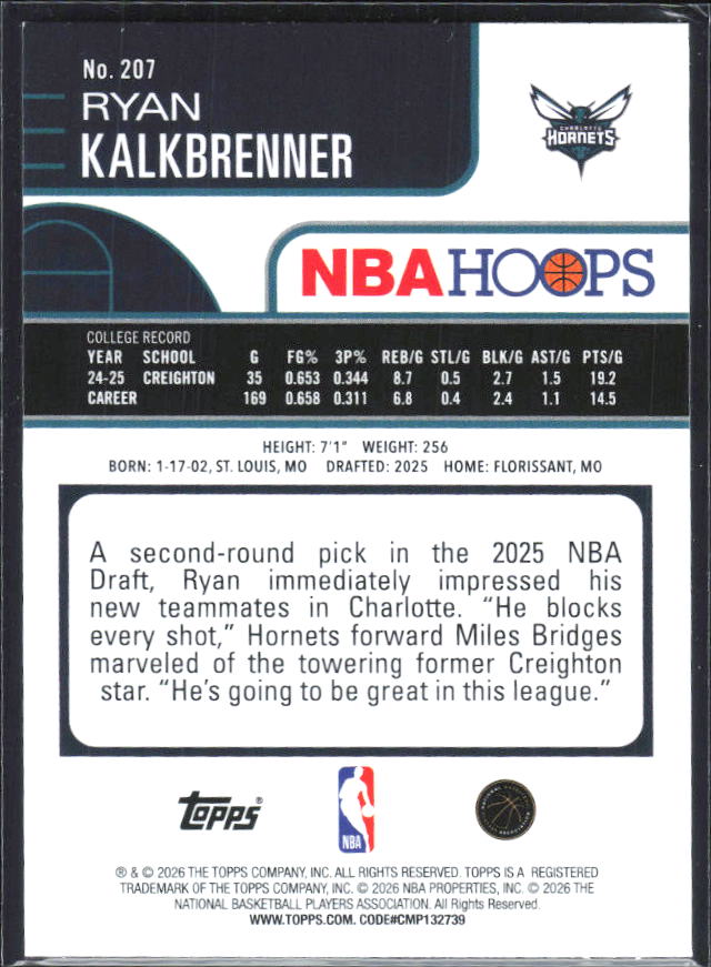 Ryan Kalkbrenner 2025-26 NBA Hoops RC #207 – baksida