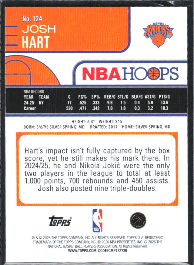Josh Hart 2025-26 NBA Hoops #124 – baksida