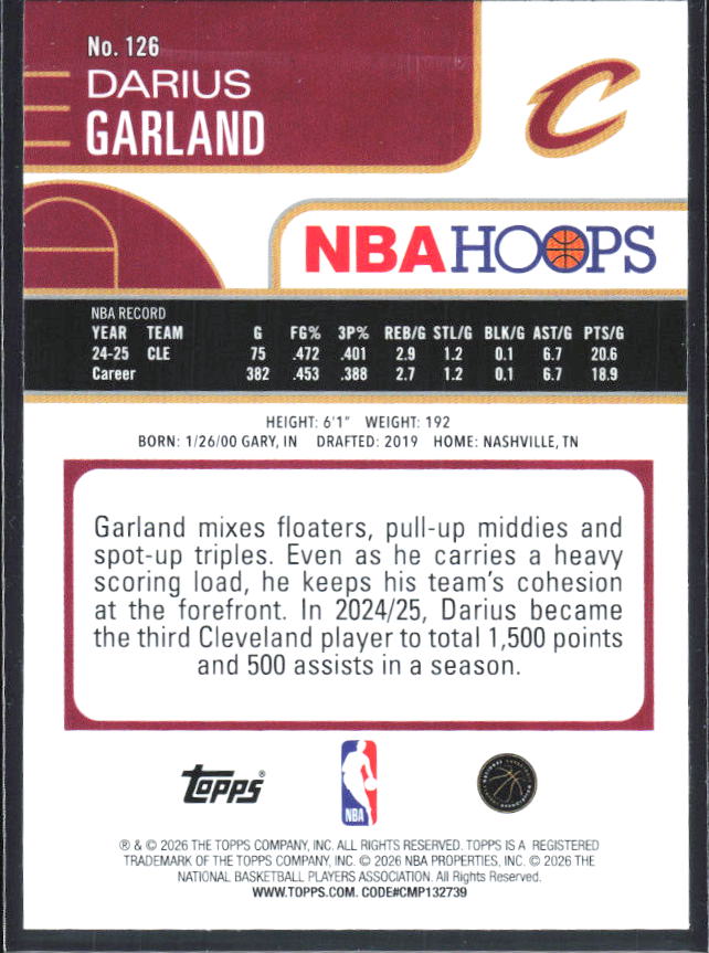 Darius Garland 2025-26 NBA Hoops #126 – baksida