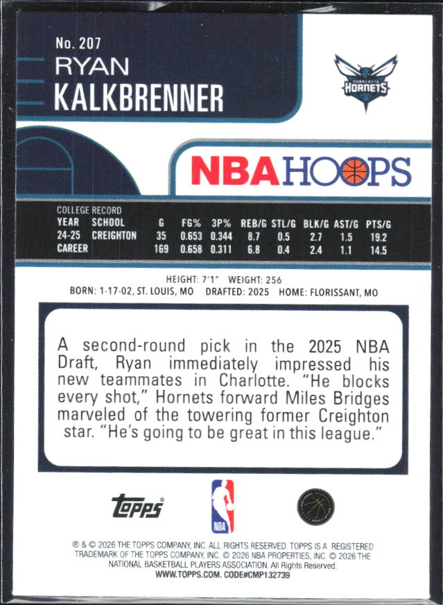 Ryan Kalkbrenner 2025-26 NBA Hoops RC #207 – baksida