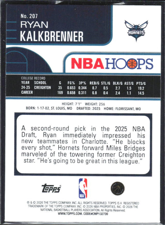 Ryan Kalkbrenner 2025-26 NBA Hoops RC #207 – baksida