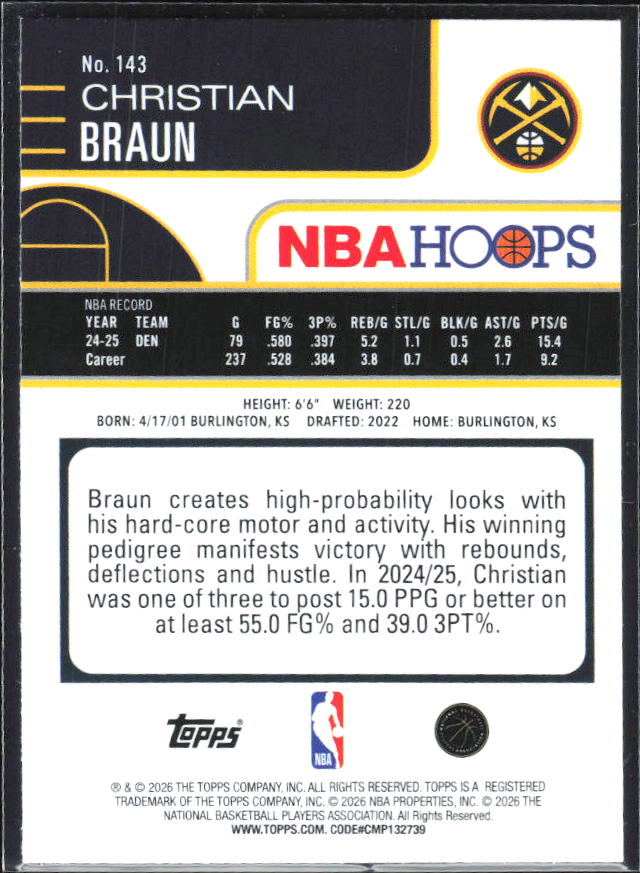 Christian Braun 2025-26 NBA Hoops #143 – baksida