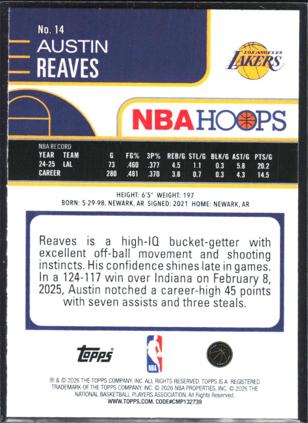 Austin Reaves 2025-26 NBA Hoops #14 – baksida