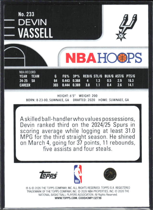 Devin Vassell 2025-26 NBA Hoops #233 – baksida