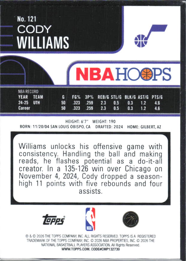 Cody Williams 2025-26 NBA Hoops #121 – baksida