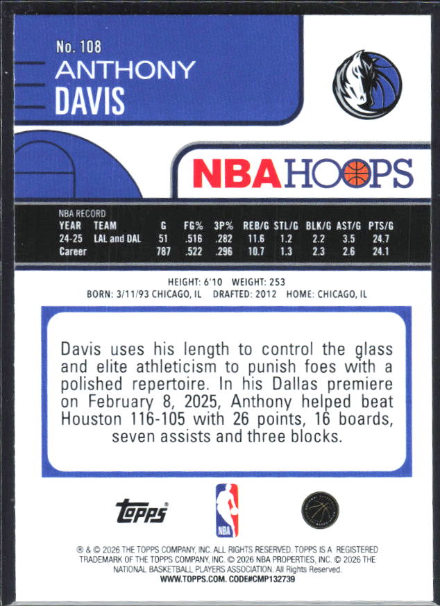 Anthony Davis 2025-26 NBA Hoops #108 – baksida