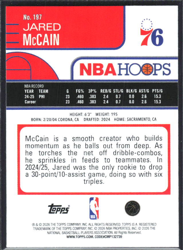Jared McCain 2025-26 NBA Hoops #197 – baksida