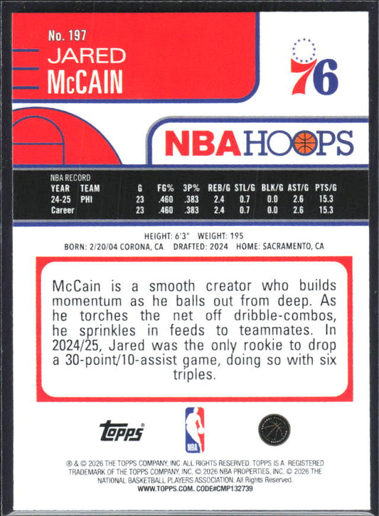 Jared McCain 2025-26 NBA Hoops #197 – baksida