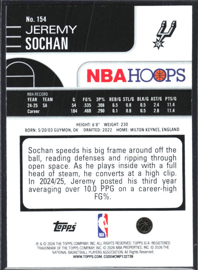 Jeremy Sochan 2025-26 NBA Hoops #154 – baksida