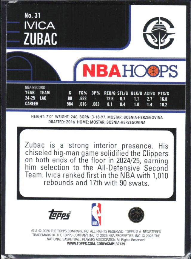 Ivica Zubac 2025-26 Topps NBA Hoops #31 – baksida