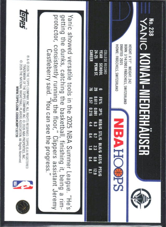 Yanic Konan-Niederhäuser 2025-26 Topps NBA Hoops #238 – baksida