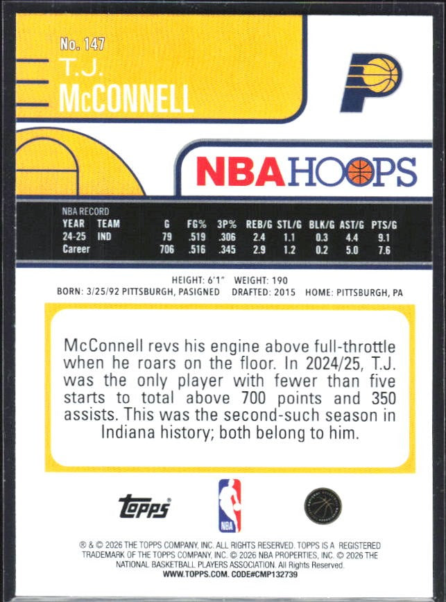 T.J. McConnell 2025-26 Topps NBA Hoops #147 – baksida