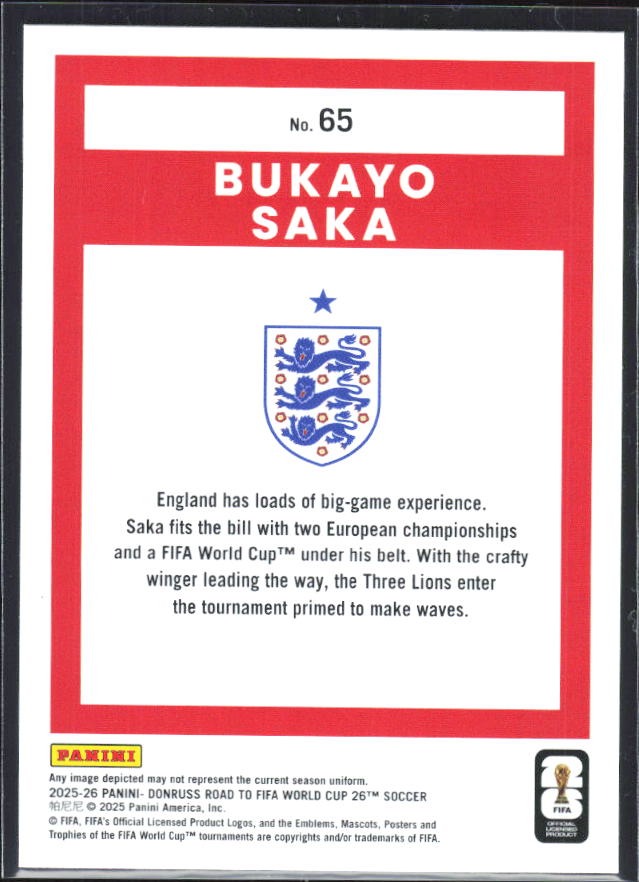 Bukayo Saka 2025-26 Donruss Road to FIFA World Cup #65 – baksida