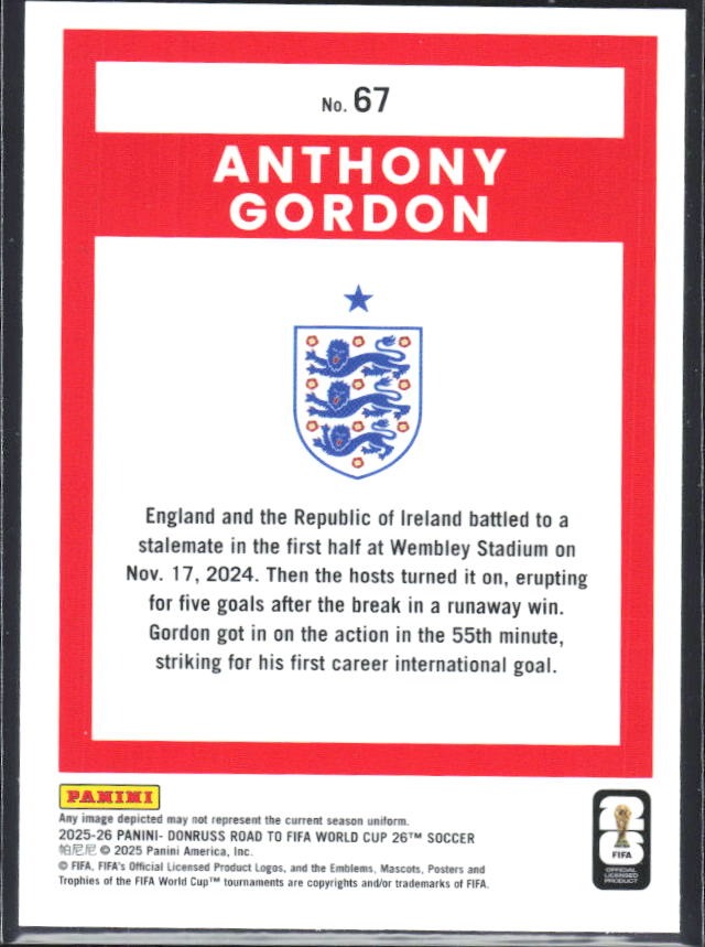 Anthony Gordon 2025-26 Donruss Road to FIFA World Cup #67 – baksida