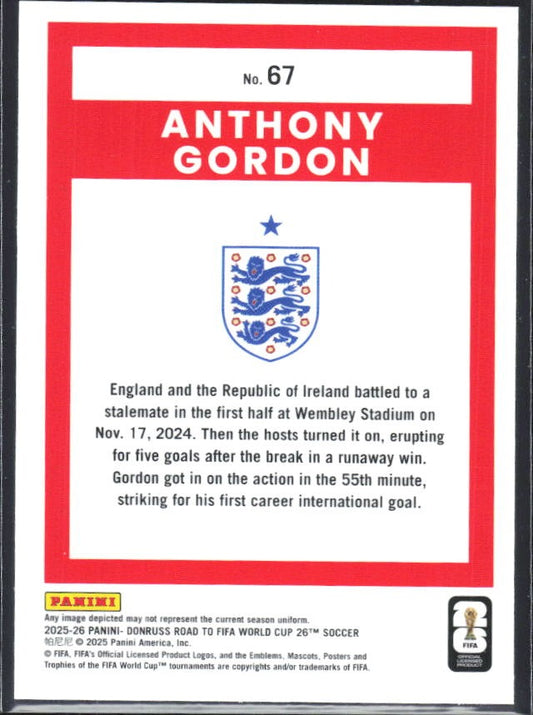 Anthony Gordon 2025-26 Donruss Road to FIFA World Cup #67 – baksida