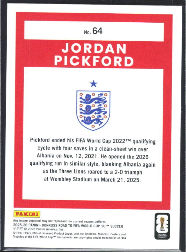 Jordan Pickford 2025-26 Donruss Road to FIFA World Cup #64 – baksida