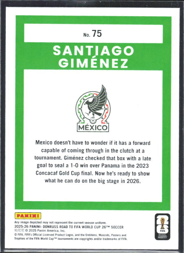 Santiago Gimenez 2025-26 Donruss Road to FIFA World Cup #75 – baksida