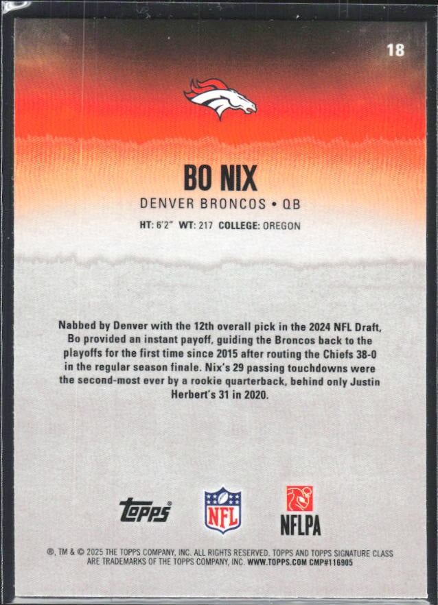 Bo Nix 2025 Topps Signature Class Football #18 – baksida