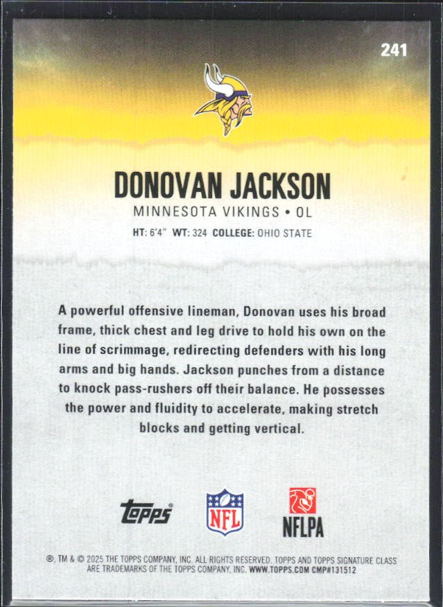 Donovan Jackson 2025 Topps Signature Class Football #241 – baksida