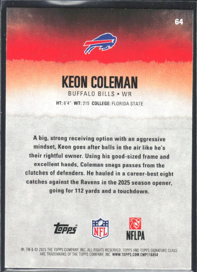 Keon Coleman 2025 Topps Signature Class Football #64 – baksida