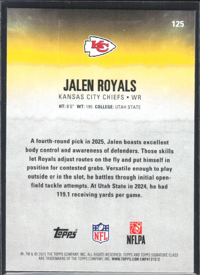 Jalen Royals 2025 Topps Signature Class Football #125 – baksida
