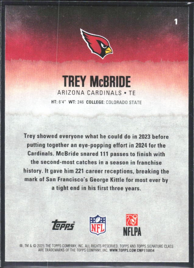 Trey McBride 2025 Topps Signature Class Football #1 – baksida