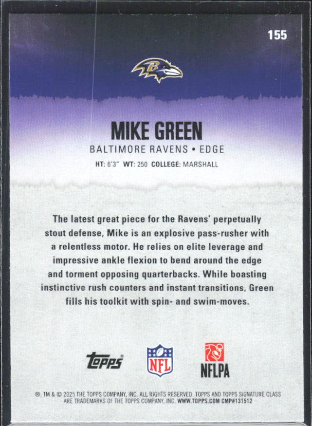 Mike Green 2025 Topps Signature Class Football #155 – baksida