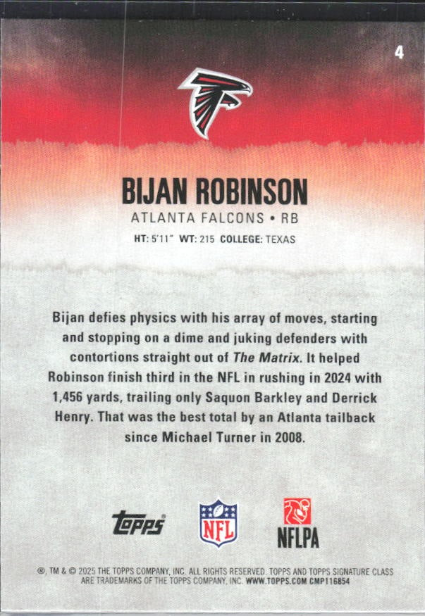Bijan Robinson 2025 Topps Signature Class Football #4 – baksida