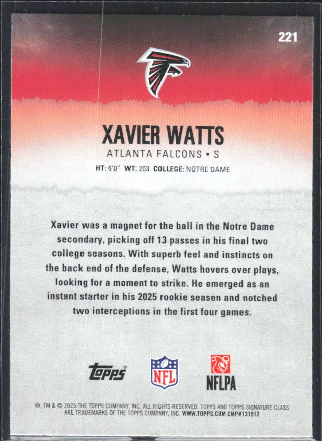 Xavier Watts 2025 Topps Signature Class Football #221 – baksida