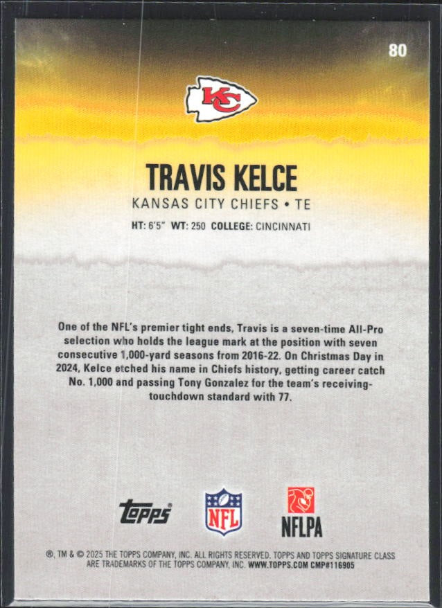Travis Kelce 2025 Topps Signature Class Football #80 – baksida